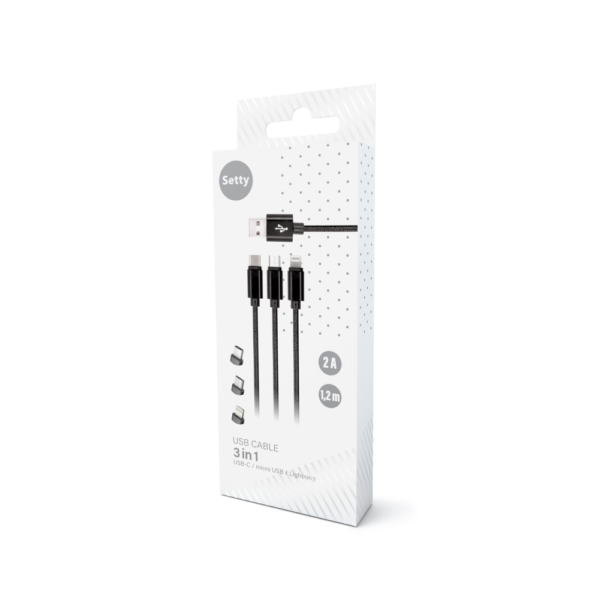 Setty 3in1 cablu USB - Lightning + USB-C + microUSB 1,0 m 2A KN3W1-01 Negru