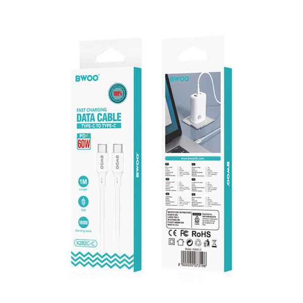 BWOO cablu USB-C - USB-C 1m 60W ABS + TPE X282 C-C Alb
