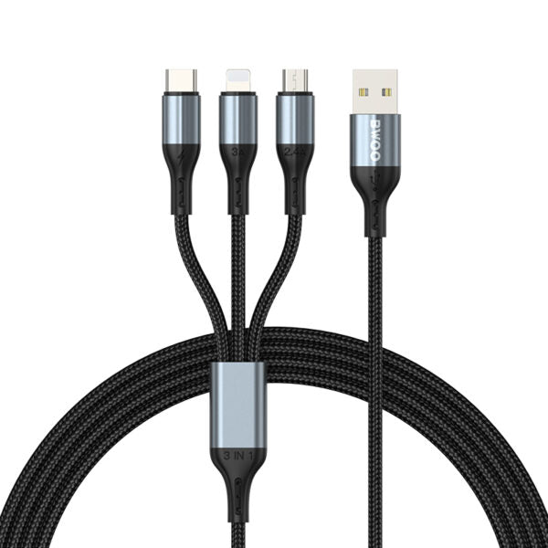 BWOO 3-in-1 cablu USB - USB-C, Lightning, Micro USB 1,2M 3A X274 Negru