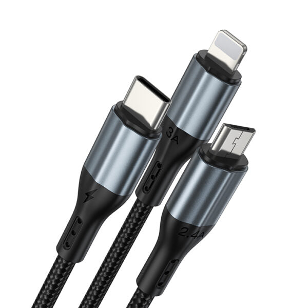 BWOO 3-in-1 cablu USB - USB-C, Lightning, Micro USB 1,2M 3A X274 Negru