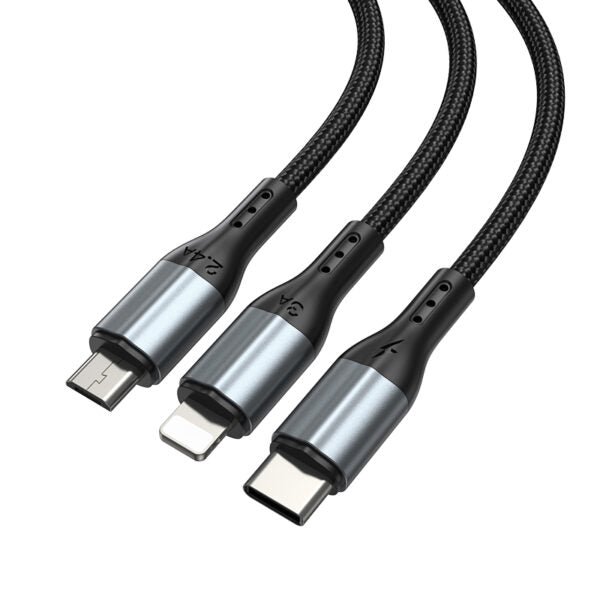 BWOO 3-in-1 cablu USB - USB-C, Lightning, Micro USB 1,2M 3A X274 Negru