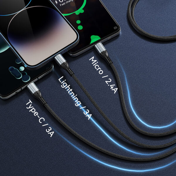 BWOO 3-in-1 cablu USB - USB-C, Lightning, Micro USB 1,2M 3A X274 Negru
