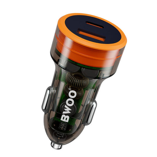 BWOO – Încărcător Auto PD, 1×USB‑C + USB‑A, 38W, Transparent
