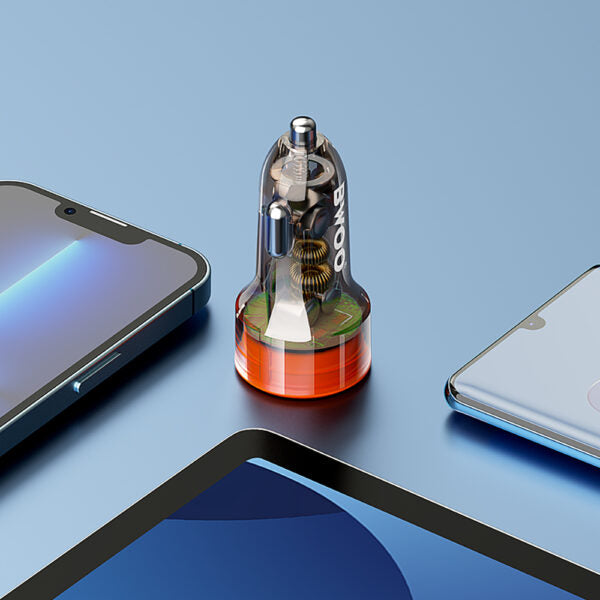 BWOO – Încărcător Auto PD, 1×USB‑C + USB‑A, 38W, Transparent