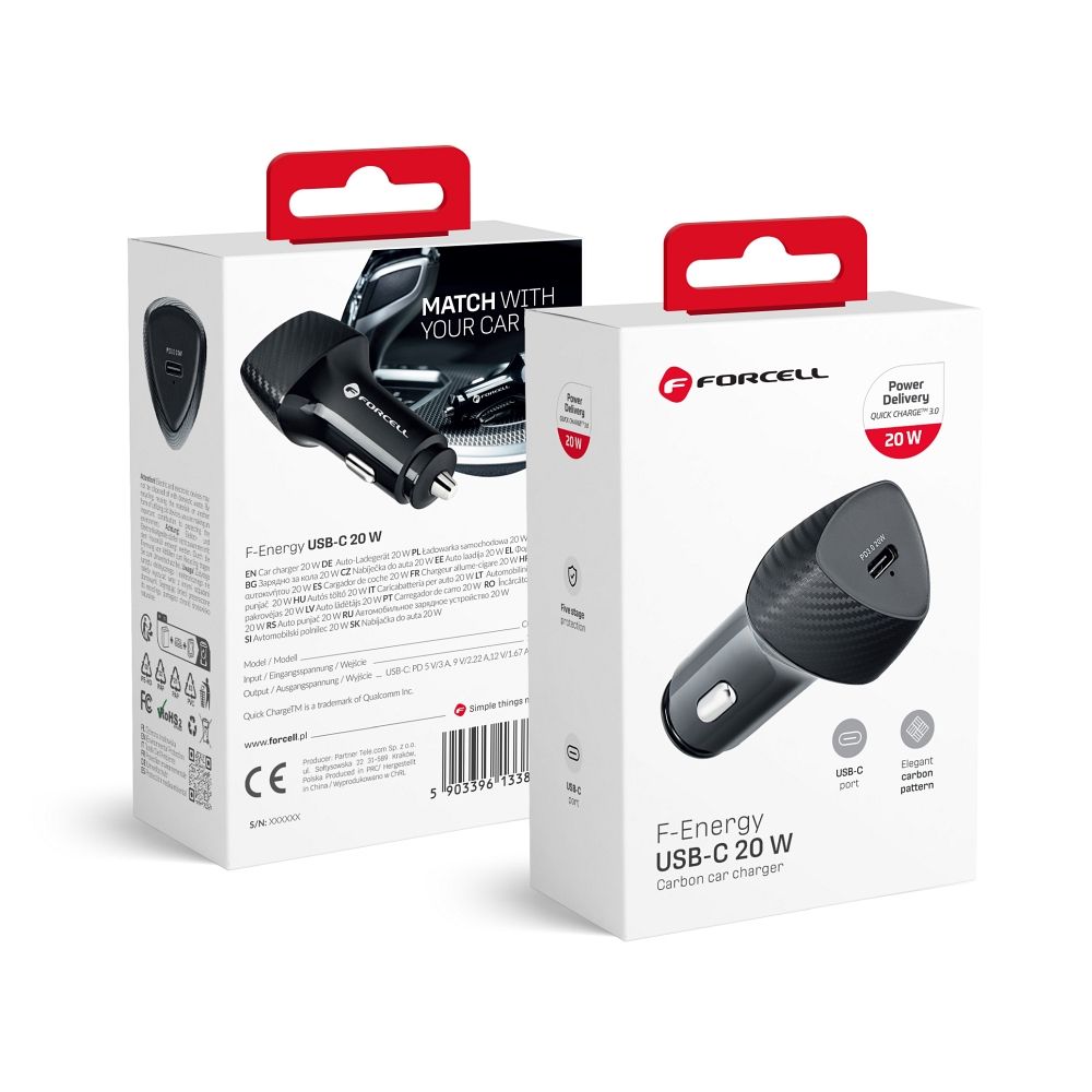 Incarcator auto Forcell F-energy Carbon USB C Qc3.0 PD 3A 20W Negru
