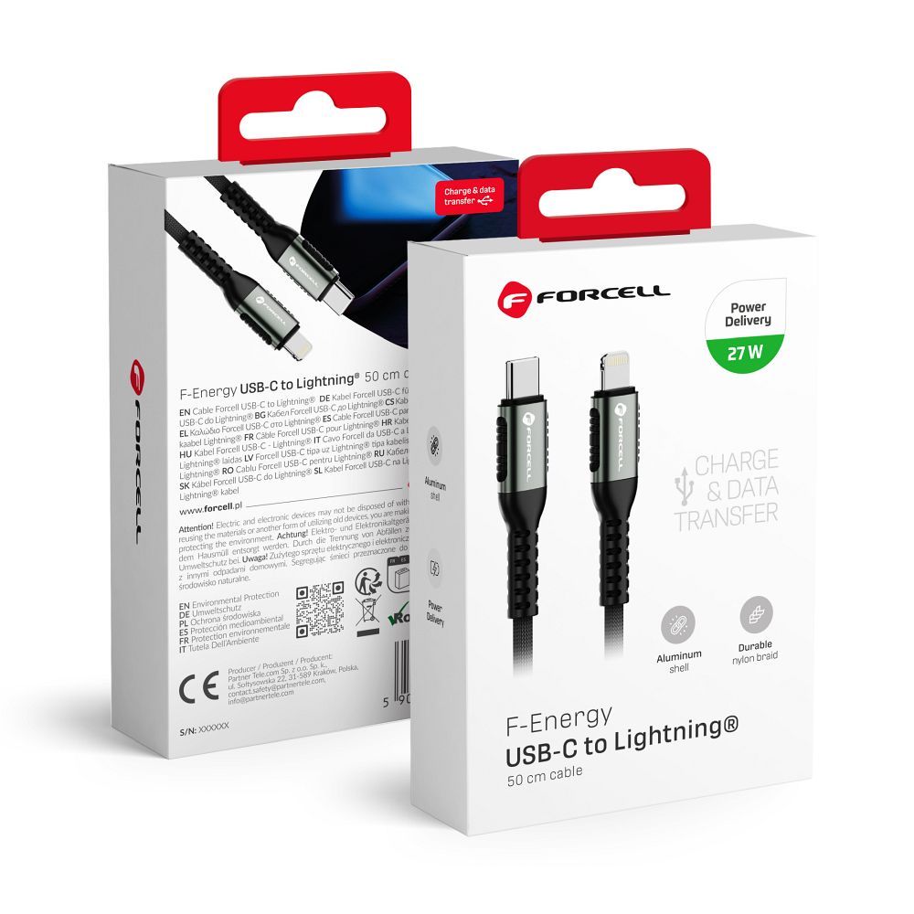 Cablu Forcell USB C To Lightning F-energy PD 3A 27W Cafule 0,5 M C259 Negru