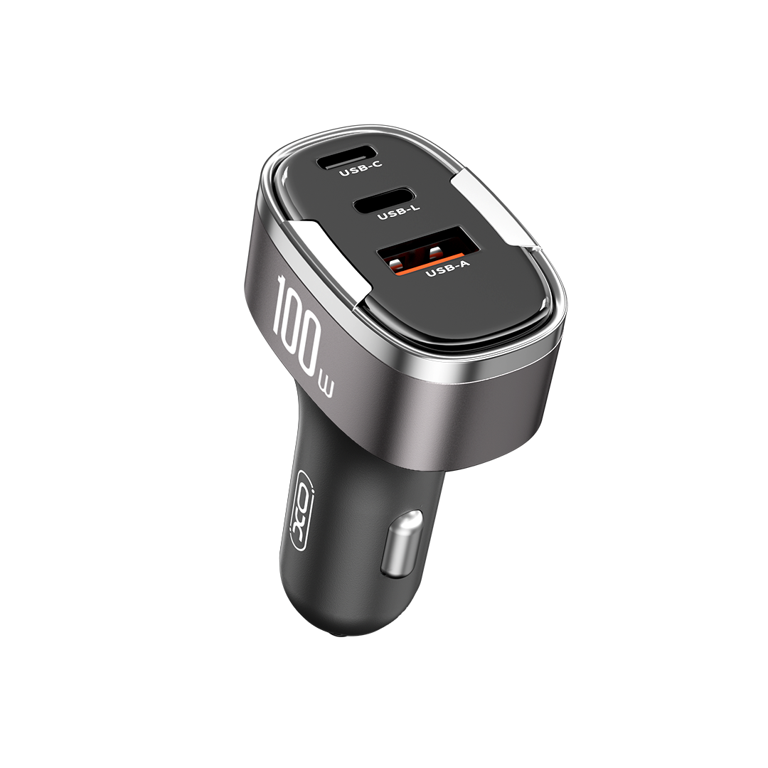 Incarcator auto XO Cc61 PD QC 3.0 100W 1x USB 1x Usb-c 1x Lightning Gri