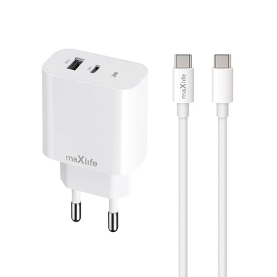 Cablu Maxlife Mxtc-06-30ac PD QC Incarcator 1x Usb-c 1x USB 30W Alb + Usb-c - Usb-c 60W