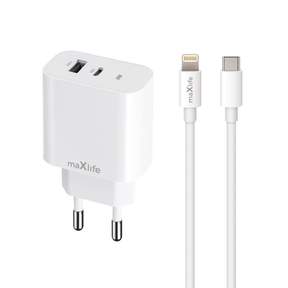 Cablu Maxlife Mxtc-06-20ac PD QC Incarcator 1x Usb-c 1x USB 20W Alb + Usb-c - Lightning 20W