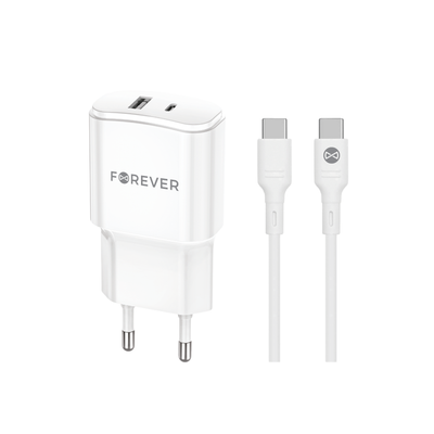 Cablu Forever Tc-01-20ac PD QC Incarcator 1x Usb-c 1x USB 20W Alb + Usb-c - Usb-c 20W