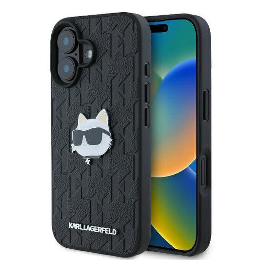 Husă pentru iPhone 16 Karl Lagerfeld 6,1" KLHCP16SPGKLCHPK black Hard Monogram Choupette Head Pin – Negru