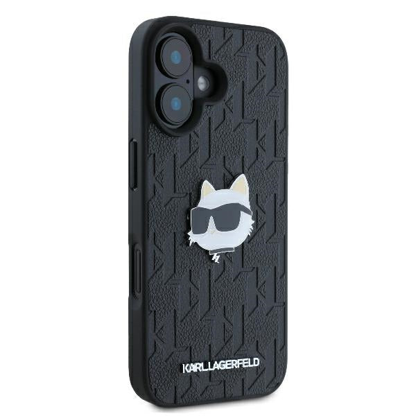 Husă pentru iPhone 16 Karl Lagerfeld 6,1" KLHCP16SPGKLCHPK black Hard Monogram Choupette Head Pin – Negru