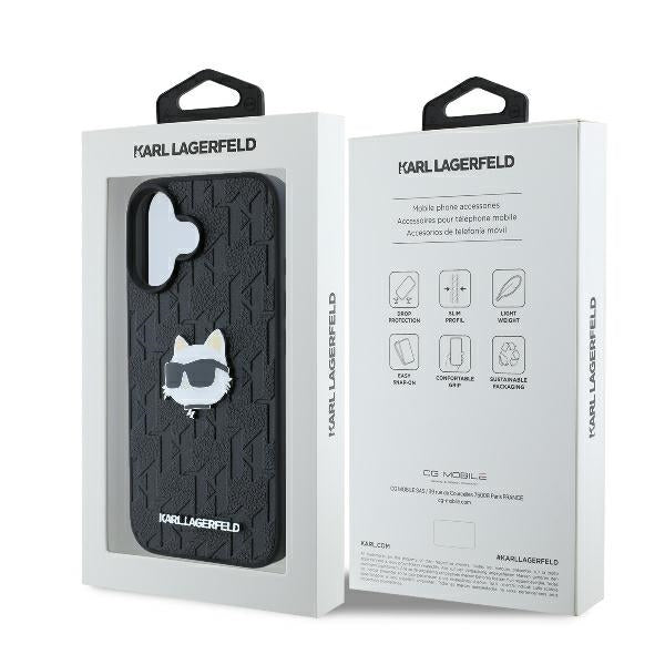 Husă pentru iPhone 16 Karl Lagerfeld 6,1" KLHCP16SPGKLCHPK black Hard Monogram Choupette Head Pin – Negru