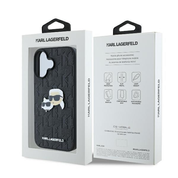 Husă pentru iPhone 16 Karl Lagerfeld 6,1" KLHCP16SPGKLKCPK black Hard Monogram Karl&Choupette Head Pin – Negru