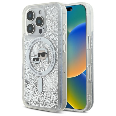 Husa Karl Lagerfeld pentru iPhone 16 Pro 6,3" Transparent Hard Liquid Glitter Karl&Choupette Head Magsafe