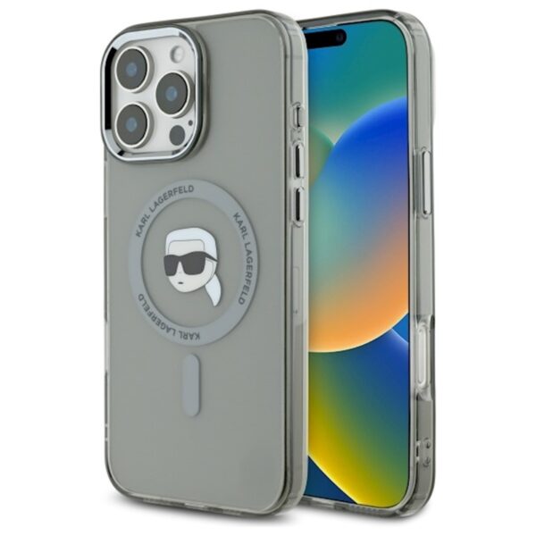 Husă pentru iPhone 16 Pro Max Karl Lagerfeld 6,9" KLHMP16XHLSKIK black Hard IML Metal Karl Head MagSafe – Negru