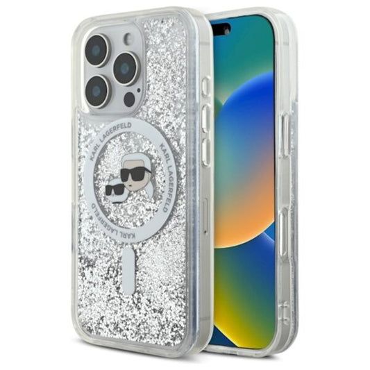 Husă pentru iPhone 16 Pro Max Karl Lagerfeld 6,9" KLHMP16XLGKCSGH transparent Hard Liquid Glitter Karl&Choupette Head MagSafe – Transparent
