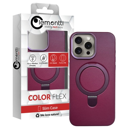 Lemontti Husa Piele MagSafe cu inel stand iPhone 15 Pro Visiniu