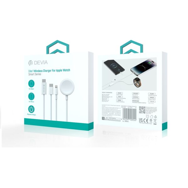 Devia cablu 3in1 Smart EA520 USB-C - USB-C + Lightning Alb with inductive magnetic charger for Apple Watch