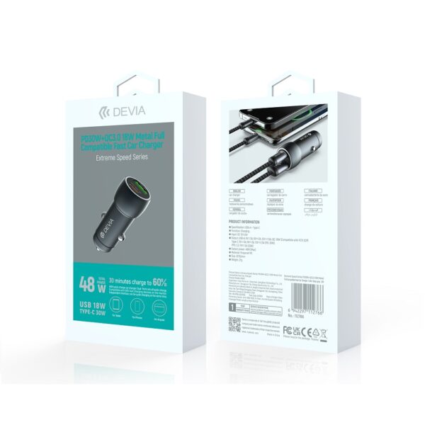 ncărcător auto Devia Extreme PD QC 3.0 30W + 18W 1x USB 1x USB‑C gri închis