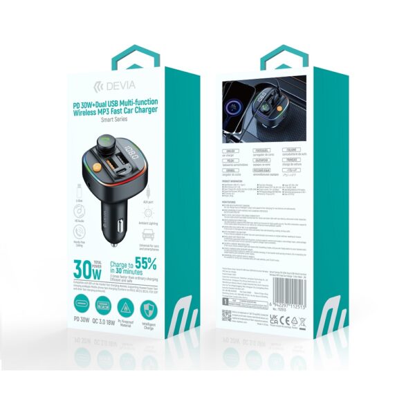 Transmițător FM Devia Smart Bluetooth MP3 cu încărcător auto PD 30W 1x USB‑C 2x USB 3A negru
