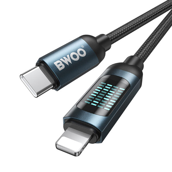 BWOO usb-c Lightning cablu 1m 27W with LED display, braided, Negru
