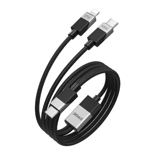 BWOO Braided 2-in-1 cablu USB-C - USB-C and Lightning 1m 100W/27W Negru