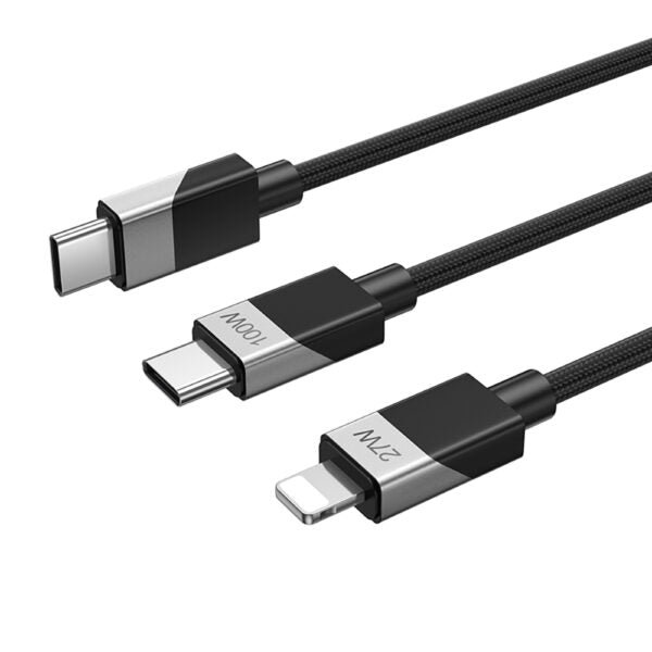 BWOO Braided 2-in-1 cablu USB-C - USB-C and Lightning 1m 100W/27W Negru