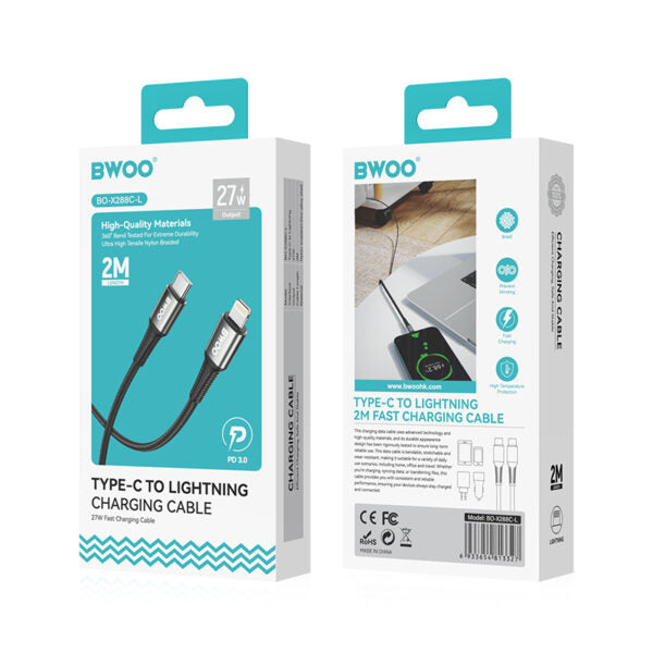 BWOO Braided cablu X288C-L USB-C - Lightning 2m 27W Negru