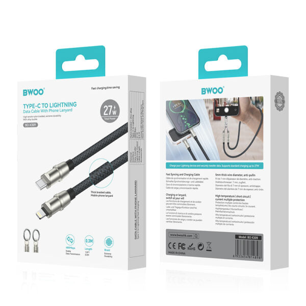 BWOO Lanyard cablu USB-C - USB-C 0.3m 60W with strap