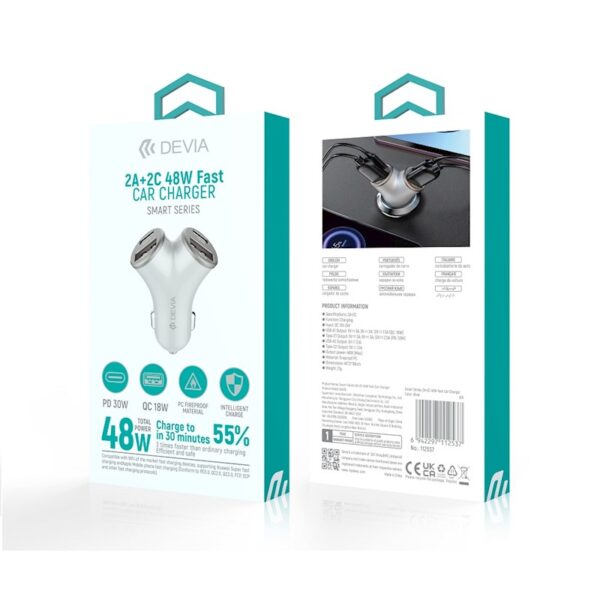Încărcător auto Devia Extreme Metal PD 48W 2x USB 2x USB‑C argintiu