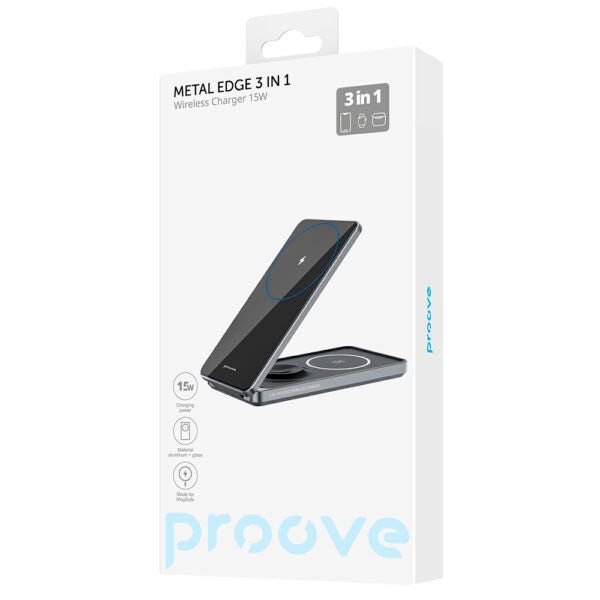 Încărcător wireless Proove Metal Edge 3‑în‑1 gri