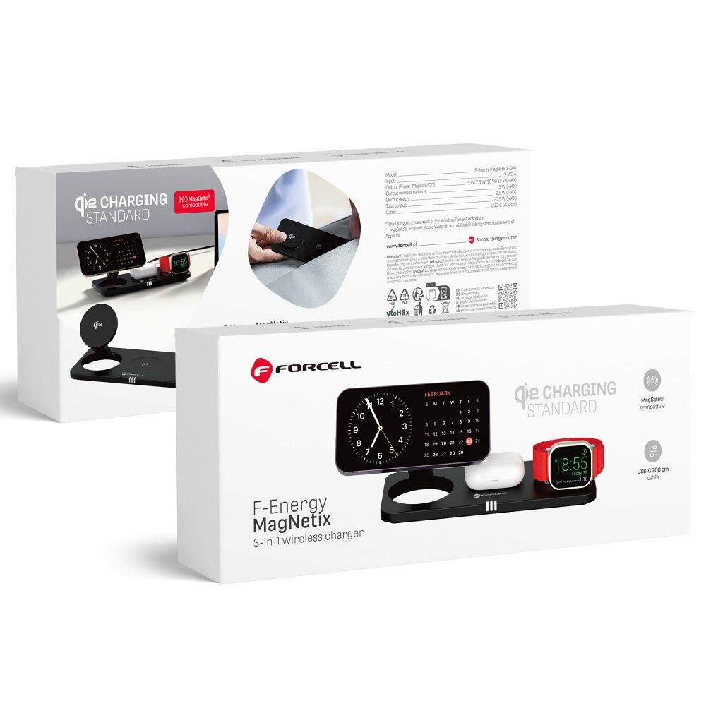 Incarcator priza Forcell Wireless Charge F-energy 3in1 Magnetix USB C Qi2 20,5W Compatible cu Magsafe Negru 0INT