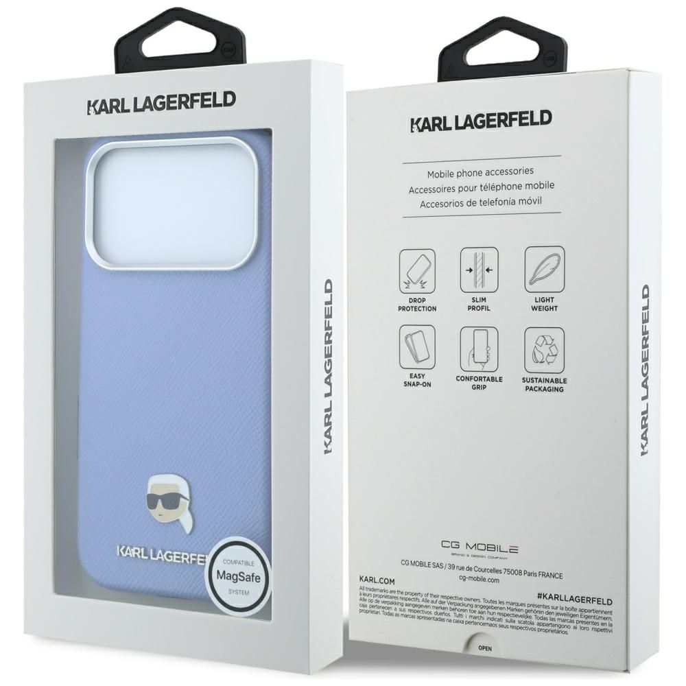 Husa Karl Lagerfeld pentru iPhone 18 Pro/ 17 Pro Compatible cu Magsafe (Grained Karl Head Metal) Albastru deschis