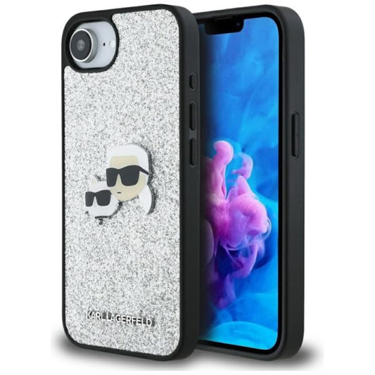 Karl Lagerfeld HC Fixed Glitter with Ikonik Metal Pin case for iPhone 16e Silver