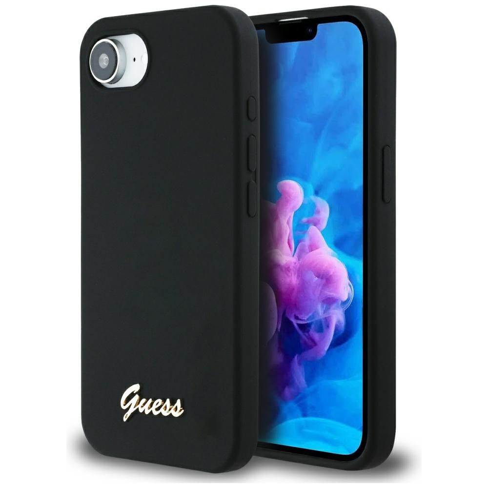Husa Guess HC Silicone Script Metal Logo pentru iPhone 16e Negru