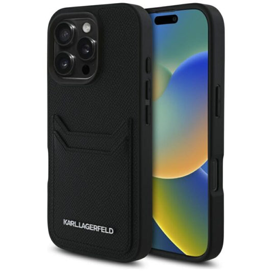 Husă pentru iPhone 16 Pro Max Karl Lagerfeld HC Grained PU CardSlot Metal Elong Black – Negru