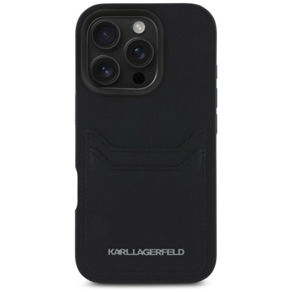 Husă pentru iPhone 16 Pro Max Karl Lagerfeld HC Grained PU CardSlot Metal Elong Black – Negru