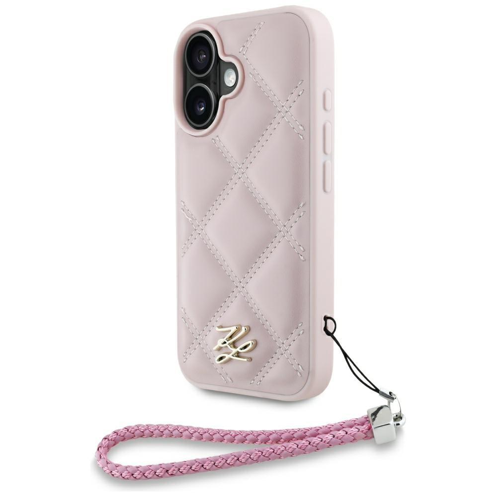 Husă pentru iPhone 16 Karl Lagerfeld HC Quilted PU Initial Logo & Chain Strap Pink – Roz