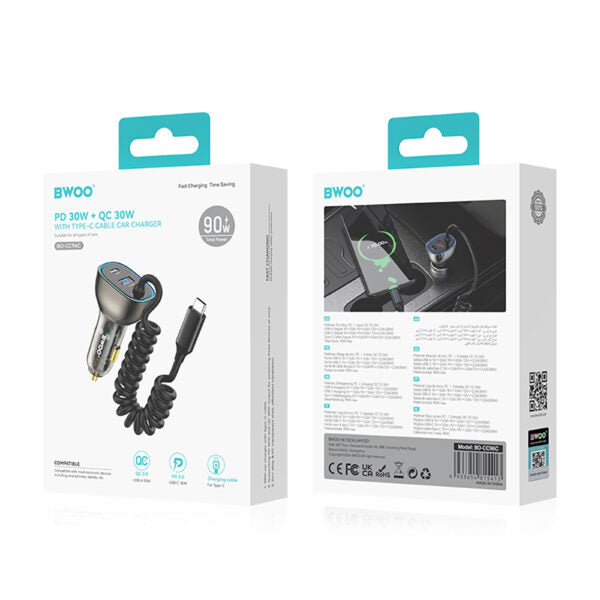Încărcător auto BWOO CC96C 30W PD 1x USB‑C 1x USB cu cablu USB‑C, gri