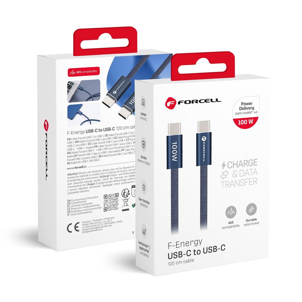 Cablu Forcell USB C To USB C F-energy Qc4.0 PD 5A 100W Cafule Color 1,2 M Albastru inchis