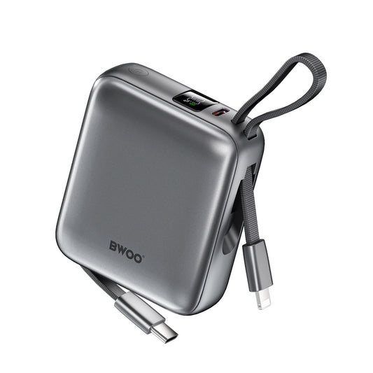 BWOO power bank P74 22.5W 10000 mAh with 2 built-in cables 1 x USB-C 1 x Lightning negru