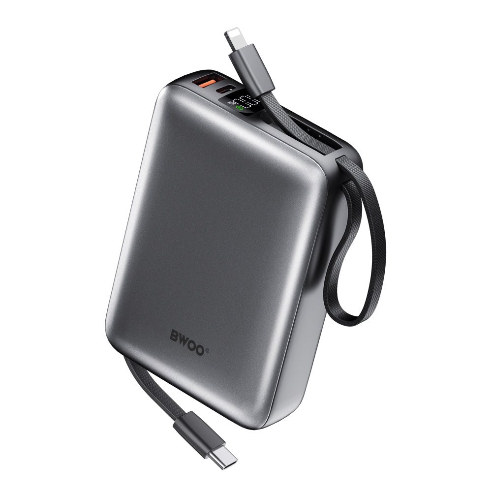 Power bank BWOO P73 22.5W 20000 mAh cu 2 cabluri integrate: 1 x USB‑C și 1 x Lightning, negru.