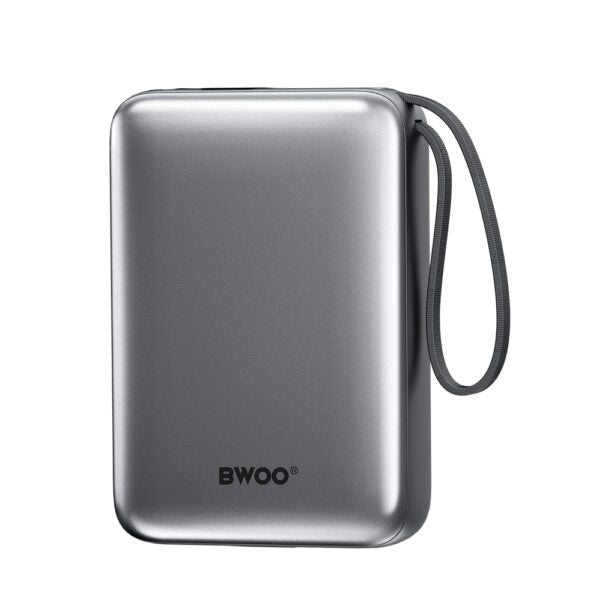 Power bank BWOO P73 22.5W 20000 mAh cu 2 cabluri integrate: 1 x USB‑C și 1 x Lightning, negru.