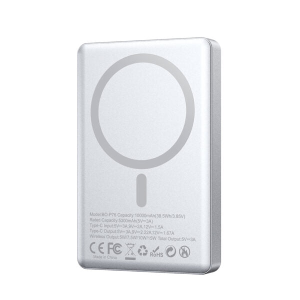 BWOO magnetic power bank P76 PD 20W 10000 mAh with digital display and USB-C port argintiu