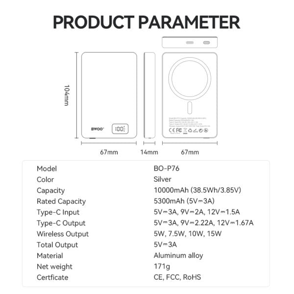 BWOO magnetic power bank P76 PD 20W 10000 mAh with digital display and USB-C port argintiu