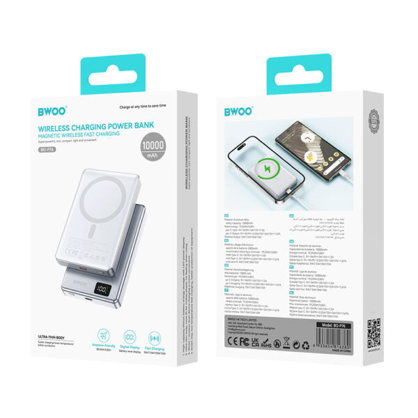 BWOO magnetic power bank P76 PD 20W 10000 mAh with digital display and USB-C port argintiu