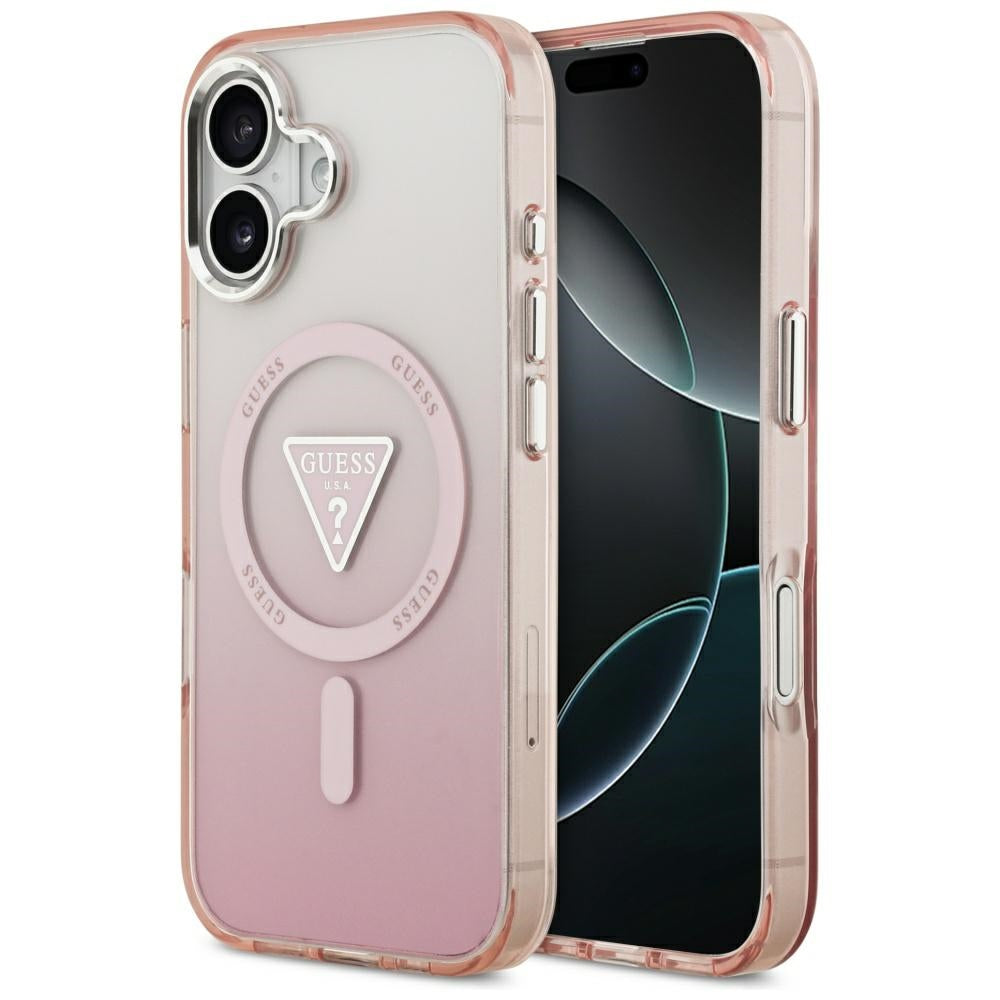 Husa Guess Magsafe IML Gradient cu Print Triangle Logo & Argintiu Metal Camera Buttons pentru iPhone 17 Roz