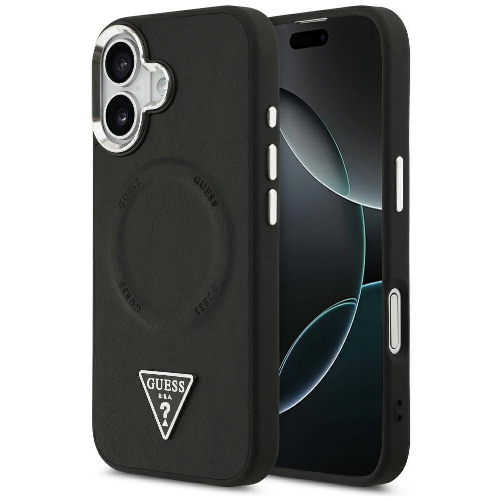 Husa Guess Magsafe piele sintetica cu Triangle Logo Argintiu Metal Camera Frame pentru iPhone 17 Negru
