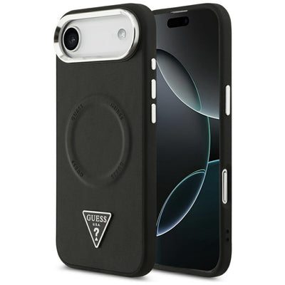 Husa Guess Magsafe PU Leather cu Triangle Logo Argintiu Metal Camera Frame pentru iPhone 17 Air Negru
